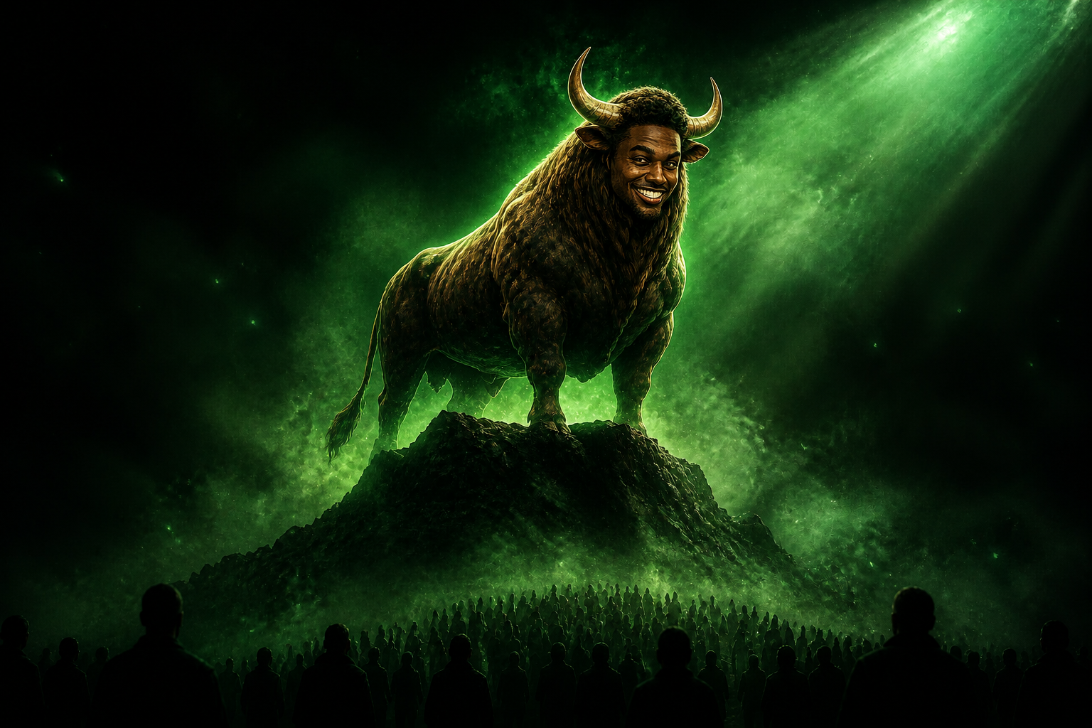 Emerald bull silhouette standing on a mountain with believers gathered below